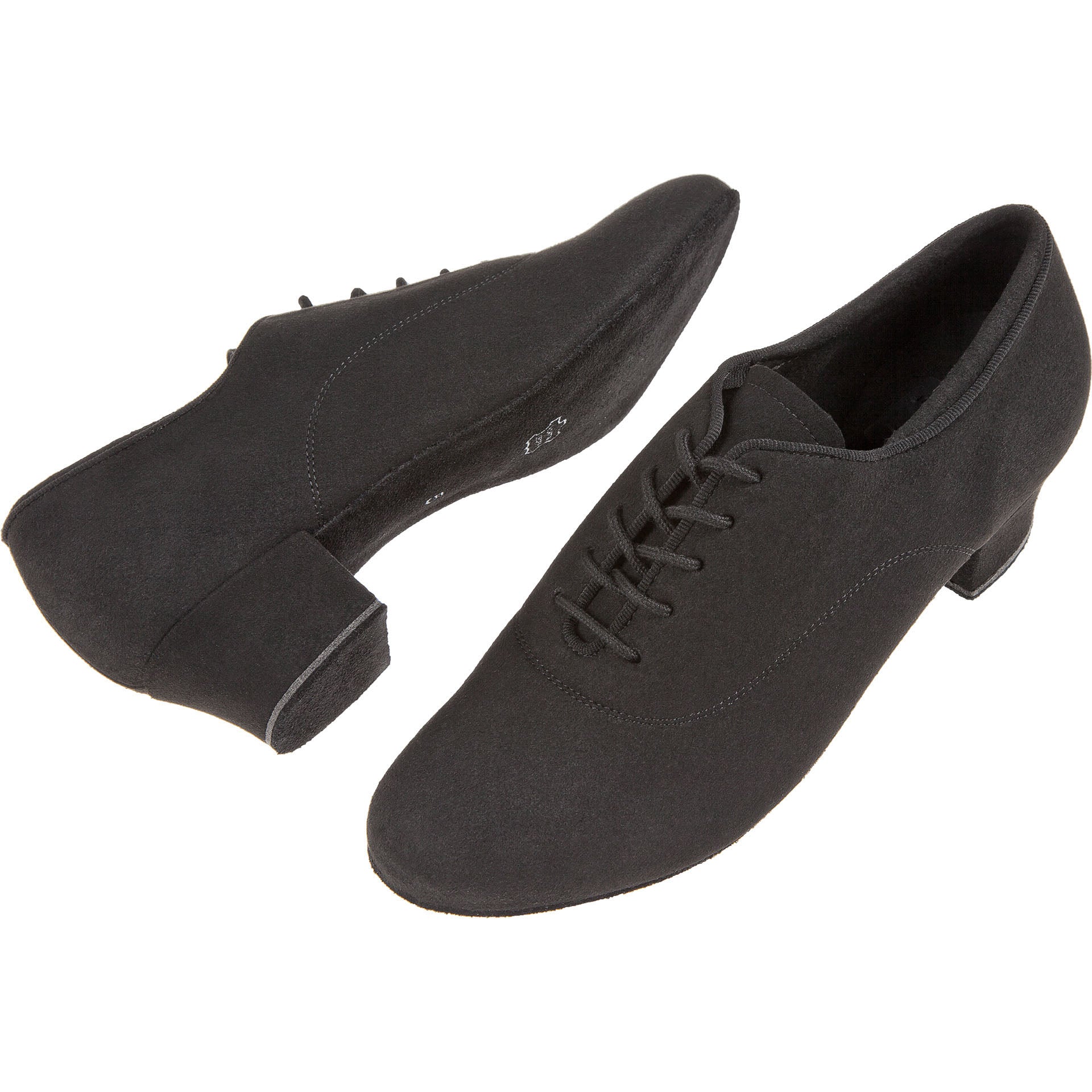 Diamants 140 Tanzschuhe in Schwarz: schwarzes Wildleder, niedriger Absatz, Schnürung, elegant präsentiert auf schlichtem Hintergrund.